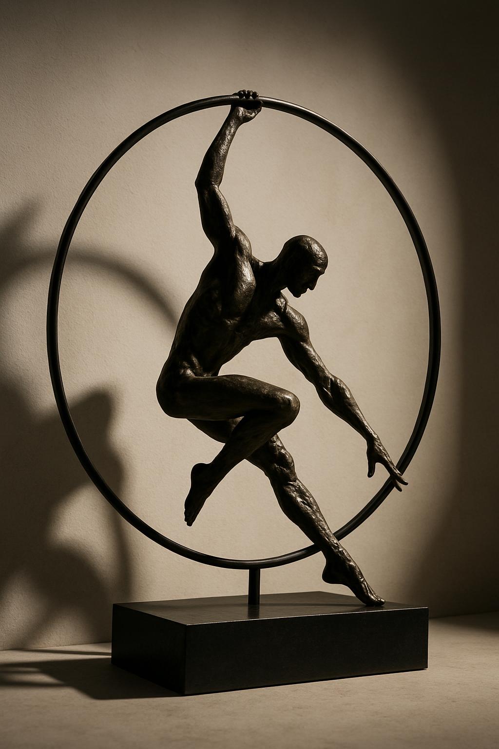 A circular metal sculpture featuring a nude male figure suspended within, posed in mid-leap with one arm overhead and the ...