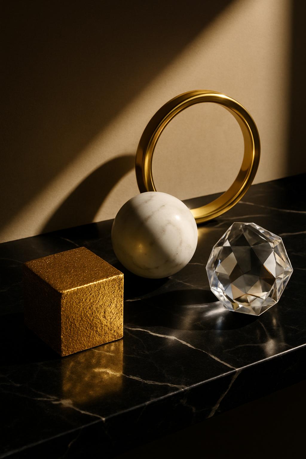 A stylized still life featuring various geometric shapes in shades of black, white, and gold.