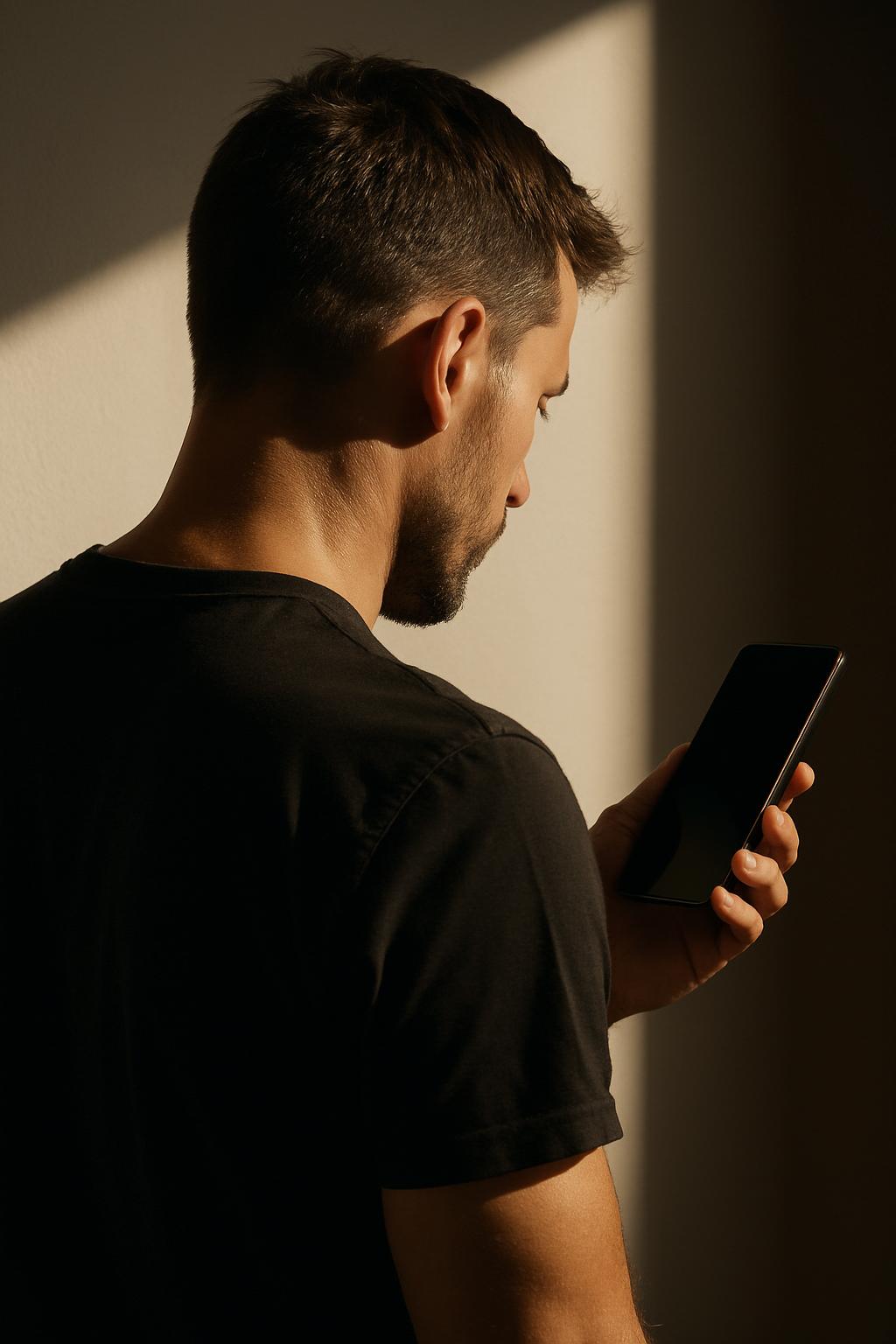 A man wearing a black t-shirt looking with a serious demeanor at a black smartphone in his left hand in a dimly lit room w...