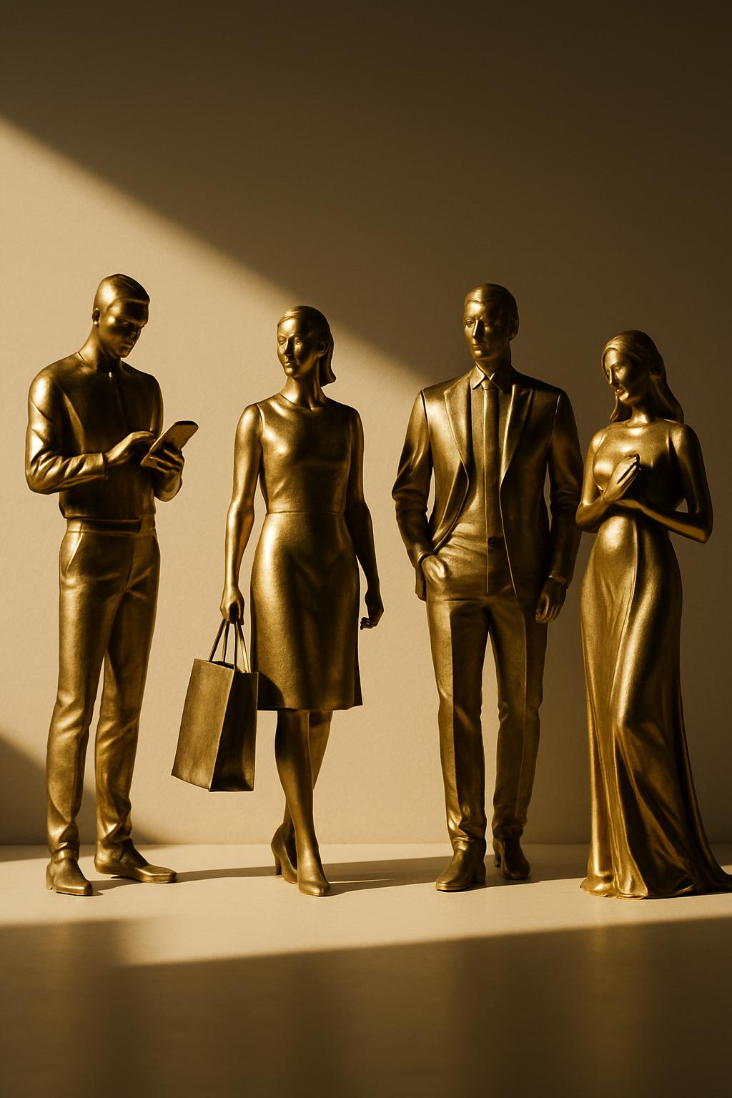 A group of four bronze statues of people with their hands holding different items.
