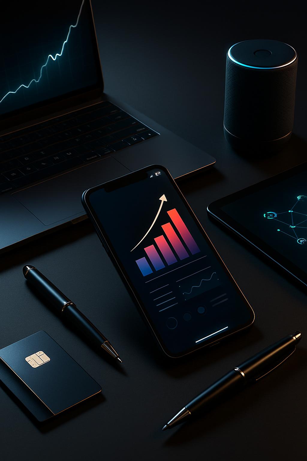 Black smartphone displaying a bar graph, surrounded by various black items on a dark surface, with a laptop displaying a g...